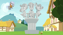 Size: 1920x1080 | Tagged: safe, screencap, apple bloom, chipcutter, scootaloo, sweetie belle, earth pony, pony, forever filly, g4, cutie mark crusaders, female, male, sculpture, solo, statue