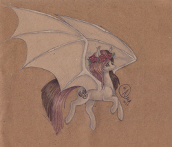 Size: 2780x2370 | Tagged: safe, artist:kimsteinandother, oc, oc only, oc:melanie, bat pony, pony, female, floral head wreath, flower, flying, high res, mare, solo, traditional art