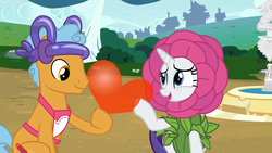 Size: 1920x1080 | Tagged: safe, screencap, rarity, twisty pop, earth pony, pony, unicorn, forever filly, g4, balloon, female, flower costume, flowerity, heart balloon, male, mare, shipping fuel, stallion