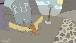 Size: 2560x1440 | Tagged: safe, artist:fakskis, feather bangs, pony, g4, hard to say anything, alternate ending, bad end, buried, butt, colored sketch, gravestone, grimderp, implied death, legs in air, plot, shovel, sketch, tree