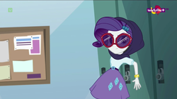 Size: 1600x900 | Tagged: safe, screencap, rarity, equestria girls, equestria girls specials, g4, my little pony equestria girls: dance magic, crystal prep academy, female, lockers, sneaking, solo, sunglasses, television