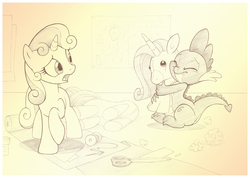 Size: 1280x912 | Tagged: safe, artist:sherwoodwhisper, spike, sweetie belle, dragon, pony, unicorn, g4, cute, duo, hug, monochrome, plushie