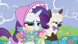 Size: 1920x1080 | Tagged: safe, screencap, rarity, sweetie belle, lamb, pony, sheep, forever filly, g4, balloon bouquet, lamb costume, little bo peep, rari-bo peep, sheepie belle, sweetie belle is not amused