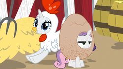 Size: 1920x1080 | Tagged: safe, screencap, rarity, sweetie belle, pony, unicorn, forever filly, g4, season 7, animal costume, chicken suit, clothes, costume, egg, eggbelle, happy, rarichicken, sweetie belle is not amused, unamused