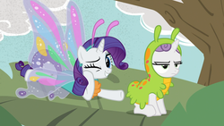 Size: 1920x1080 | Tagged: safe, screencap, rarity, sweetie belle, pony, forever filly, g4, animal costume, clothes, costume, glimmer wings, sweetie belle is not amused