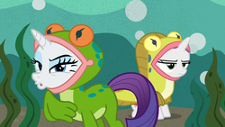 Size: 1920x1080 | Tagged: safe, screencap, rarity, sweetie belle, pony, forever filly, g4, frog costume, ribbity, sweetie belle is not amused, tadpole belle