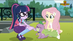Size: 1136x640 | Tagged: safe, screencap, fluttershy, sci-twi, spike, spike the regular dog, twilight sparkle, dog, equestria girls, equestria girls specials, g4, my little pony equestria girls: dance magic, boots, bowtie, clothes, crossed legs, cute, eyes closed, fence, glasses, high heel boots, kneeling, mary janes, parking lot, paws, ponytail, shoes, skirt, socks, tree