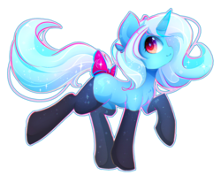 Size: 1228x973 | Tagged: safe, artist:koveliana, trixie, pony, unicorn, g4, bow, chest fluff, chromatic aberration, clothes, cute, ear fluff, female, horn, mare, missing accessory, pose, raised hoof, side view, simple background, smiling, socks, solo, sparkles, standing, stockings, tail bow, thigh highs, transparent background