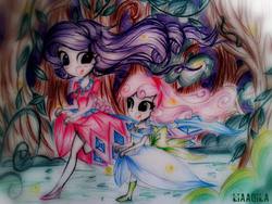 Size: 2016x1512 | Tagged: safe, artist:liaaqila, derpibooru exclusive, rarity, sweetie belle, equestria girls, g4, make new friends but keep discord, beautiful, clothes, cute, dress, effects, forest, gala dress, looking at each other, racing, running, sisters, traditional art, tree, windswept mane