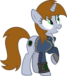 Size: 1024x1176 | Tagged: safe, artist:pegasski, oc, oc only, oc:littlepip, pony, unicorn, fallout equestria, g4, clothes, cutie mark, fanfic, fanfic art, female, grin, hooves, horn, jumpsuit, mare, pipboy, pipbuck, raised hoof, simple background, smiling, solo, teeth, transparent background, vault suit