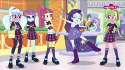 Size: 1600x900 | Tagged: safe, screencap, aqua blossom, lemon zest, rarity, scott green, sour sweet, sugarcoat, sunny flare, dance magic, equestria girls, equestria girls specials, g4, background human, bag, boots, bowtie, bracelet, clothes, crossed arms, crystal prep academy uniform, cute, eyes closed, freckles, glasses, headphones, high heel boots, high heels, jewelry, leggings, microphone, music notes, pigtails, pleated skirt, ponytail, raised leg, school uniform, shoes, skirt, socks, teletoon, twintails