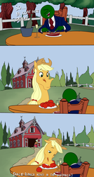 Size: 1500x2800 | Tagged: safe, artist:anontheanon, applejack, granny smith, oc, oc:anon, horse, equestria girls, g4, alcohol, barn, chair, champagne, colored, comic, descriptive noise, fence, gun, hoers, implied bestiality, interspecies, meat, running, shotgun, steak, sweet apple acres, table, weapon, wine