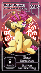 Size: 800x1399 | Tagged: safe, artist:vavacung, oc, oc only, oc:wild wood (crazy future), earth pony, pony, card, mouth hold, pactio card, plank, ribbon, solo