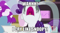 Size: 600x337 | Tagged: source needed, safe, edit, edited screencap, screencap, rarity, pony, forever filly, g4, crying, family guy, female, image macro, makeup, male, meme, memeful.com, ocular gushers, running makeup, solo