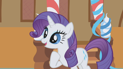 Size: 1280x720 | Tagged: safe, screencap, rarity, pony, unicorn, g4, griffon the brush off, cute, female, mare, open mouth, raised hoof, raribetes, smiling, solo, sugarcube corner