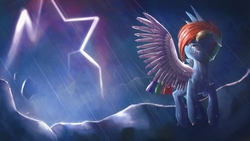 Size: 1920x1080 | Tagged: safe, artist:camyllea, rainbow dash, pegasus, pony, g4, alternate timeline, amputee, apocalypse dash, artificial wings, augmented, crying, crystal war timeline, female, flying, lightning, mare, mechanical wing, prosthetic limb, prosthetic wing, prosthetics, rain, solo, torn ear, wings