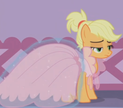Size: 1054x927 | Tagged: safe, screencap, applejack, pony, g4, honest apple, alternate hairstyle, clothes, cropped, cute, dress, female, mare, solo