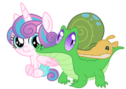 Size: 1086x772 | Tagged: source needed, safe, artist:red4567, gummy, princess flurry heart, whammy, alicorn, alligator, pony, snail, a flurry of emotions, g4, baby, baby pony, cute, diaper, female, filly, looking at you, riding, show accurate, simple background, spongebob squarepants, trio, white background