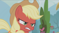 Size: 1234x694 | Tagged: safe, screencap, applejack, earth pony, pony, g4, honest apple, angry, cross, female, mare, red face, solo, treehouse logo
