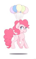 Size: 960x1560 | Tagged: safe, artist:thebatfang, pinkie pie, earth pony, pony, g4, balloon, ear fluff, female, floating, mare, simple background, smiling, solo, then watch her balloons lift her up to the sky, white background