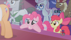 Size: 1234x694 | Tagged: safe, screencap, apple bloom, big shot, jet set, north point, pinkie pie, starstreak, earth pony, pony, g4, honest apple, eyes on the prize, looking at butt, male, out of context, stallion, treehouse logo