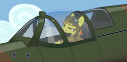 Size: 6737x3310 | Tagged: safe, artist:lykas13, spitfire, pegasus, pony, g4, absurd resolution, aviator goggles, aviator hat, bullet hole, female, frown, gritted teeth, lidded eyes, mare, plane, show accurate, solo, supermarine spitfire