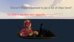 Size: 1920x1080 | Tagged: safe, artist:red4567, derpibooru exclusive, big macintosh, earth pony, human, pony, g4, hard to say anything, 3d, boat, dialogue, fishing, fishing rod, implied shipping, male, ocean, pun, source filmmaker, stallion