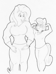 Size: 2013x2636 | Tagged: safe, artist:zacharyisaacs, fluttershy, posey shy, anthro, g4, high res, mother and daughter, muscles, muscleshy, size difference, tight clothing
