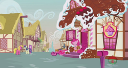 Size: 1134x604 | Tagged: safe, screencap, bon bon, pinkie pie, sweetie drops, earth pony, pony, g4, honest apple, cupcake, food, guitar, sugarcube corner