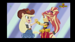 Size: 1366x768 | Tagged: safe, screencap, applejack, sunset shimmer, equestria girls, equestria girls specials, g4, my little pony equestria girls: dance magic, alternate hairstyle, clothes, cowboy hat, dance magic (song), dancing, dress, flamenco dress, flower, flower in hair, hat, holding hands, looking at each other, ponied up, stetson, sunset shimmer flamenco dress, tutu