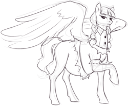 Size: 1246x1035 | Tagged: safe, artist:nsfwbonbon, inky rose, pegasus, pony, taur, g4, honest apple, clothes, female, mare, monochrome, pregnant, sketch, solo, that was fast
