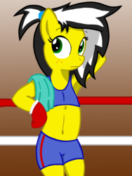 Size: 1200x1600 | Tagged: safe, artist:toyminator900, derpibooru exclusive, oc, oc only, oc:uppercute, earth pony, anthro, armpits, belly button, bipedal, boxing gloves, chest fluff, clothes, female, freckles, gradient background, mare, midriff, solo, sports bra, sports shorts, towel