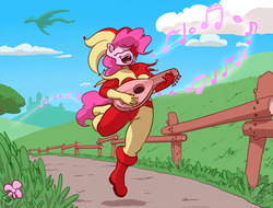 Size: 1200x910 | Tagged: safe, artist:ethanqix, pinkie pie, dragon, earth pony, anthro, g4, bard, bard pie, clothes, fantasy class, female, fence, flower, grass, mare, scenery, singing, smiling