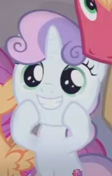 Size: 257x402 | Tagged: safe, screencap, big macintosh, scootaloo, sweetie belle, pony, g4, hard to say anything, my little pony: friendship is magic, cropped, smiling, solo focus