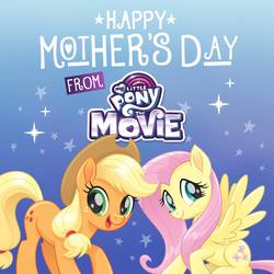 Size: 1200x1200 | Tagged: safe, applejack, fluttershy, earth pony, pegasus, pony, g4, my little pony: the movie, official, fridge horror, harsher in hindsight, irony, mother's day, my little pony logo, the implications are horrible, you had one job