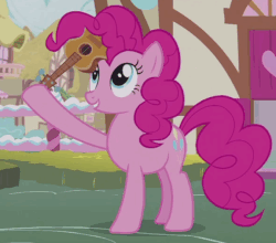 Size: 575x505 | Tagged: safe, screencap, pinkie pie, earth pony, pony, g4, honest apple, animated, female, gif, guitar, hammerspace hair, pinkie being pinkie, pinkie physics, pinkie's magic hair