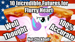 Size: 1280x720 | Tagged: safe, princess flurry heart, alicorn, pony, equestria daily, g4, alicorn princess, american flag, clickbait, determined, drama, female, food, future flurry heart, impact font, mare, meme, older, older flurry heart, pizza, spread wings, stern, wings