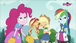 Size: 1366x768 | Tagged: safe, screencap, applejack, pinkie pie, rainbow dash, sunset shimmer, equestria girls, equestria girls specials, g4, my little pony equestria girls: dance magic, clothes, denim, denim skirt, female, skirt, spoiler, teletoon