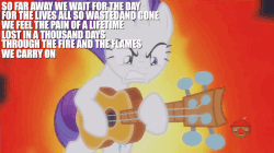 Size: 806x451 | Tagged: safe, edit, edited screencap, screencap, rarity, pony, g4, honest apple, animated, bipedal, dragonforce, female, fire, gif, guitar, guitarity, lyrics, metal as fuck, musical instrument, solo, song reference, text, through the fire and flames, treehouse logo