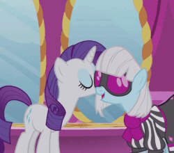 Size: 575x505 | Tagged: safe, screencap, photo finish, rarity, pony, unicorn, g4, honest apple, air kiss, animated, cheek kiss, eyes closed, female, gif, greeting, kissing, la bise, mare, platonic kiss