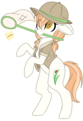 Size: 600x879 | Tagged: safe, artist:cinnamontee, oc, oc only, butterfly, earth pony, pony, bipedal, clothes, female, hat, mare, net, pith helmet, simple background, solo, transparent background