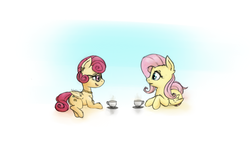 Size: 900x600 | Tagged: safe, artist:blastdown, fluttershy, posey shy, pegasus, pony, g4, cup, duo, food, looking at each other, mother and daughter, mother's day, prone, simple background, talking, tea, teacup