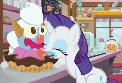 Size: 808x551 | Tagged: safe, screencap, rarity, pony, unicorn, forever filly, g4, season 7, animated, clown surprise, cute, eyes closed, female, food, gif, ice cream, ice cream parlor, licking, mare, messy eating, rarara, raribetes, sitting, solo, sundae, tongue out