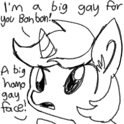 Size: 1280x1280 | Tagged: safe, artist:tjpones, lyra heartstrings, pony, unicorn, g4, baneposting, black and white, dialogue, ear fluff, female, grayscale, implied bon bon, lesbian, monochrome, open mouth, ship:lyrabon, shipping, simple background, solo, white background