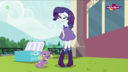 Size: 1366x768 | Tagged: safe, screencap, rarity, spike, spike the regular dog, dog, equestria girls, equestria girls specials, g4, my little pony equestria girls: dance magic, ble, boots, bracelet, clothes, cooler, female, fence, high heel boots, jewelry, male, mountain, paws, sad, skirt, spoiler, tree