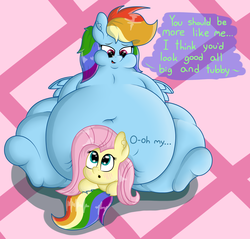 Size: 1524x1454 | Tagged: safe, artist:dullpoint, fluttershy, rainbow dash, pegasus, pony, belly, belly button, big belly, chubby cheeks, duo, duo female, fat, female, flutterseat, mare, obese, oh my, rainblob dash, sitting, sitting on pony