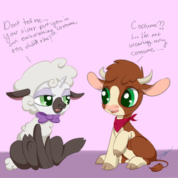 Size: 1600x1600 | Tagged: safe, artist:faline-art, arizona (tfh), sweetie belle, cow, pony, sheep, unicorn, them's fightin' herds, forever filly, g4, arizonadorable, clothes, cloven hooves, comic, community related, costume, crossover, cute, diasweetes, female, filly, lamb costume, sheepie belle