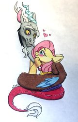 Size: 1024x1589 | Tagged: safe, artist:ameliacostanza, discord, fluttershy, g4, blushing, female, heart, male, ship:discoshy, shipping, straight