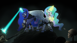 Size: 4412x2514 | Tagged: safe, artist:taneysha, princess celestia, princess luna, alicorn, pony, two best sisters play, g4, arrow, bone, bow (weapon), bow and arrow, clothes, crossover, fight, high res, levitation, magic, open mouth, raised hoof, royal sisters, skeleton, skyrim, telekinesis, the elder scrolls, weapon