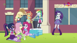 Size: 1366x768 | Tagged: safe, screencap, applejack, fluttershy, pinkie pie, rainbow dash, rarity, sci-twi, spike, spike the regular dog, sunset shimmer, twilight sparkle, dog, equestria girls, equestria girls specials, g4, my little pony equestria girls: dance magic, boots, bowtie, bracelet, canterlot, clothes, compression shorts, cooler, cowboy hat, cute, denim skirt, eyes closed, glasses, hat, high heel boots, humane five, humane seven, humane six, jewelry, legs, mary janes, ponytail, shoes, skirt, sleeveless, socks, spike's dog collar, stetson, tank top, teletoon, wristband